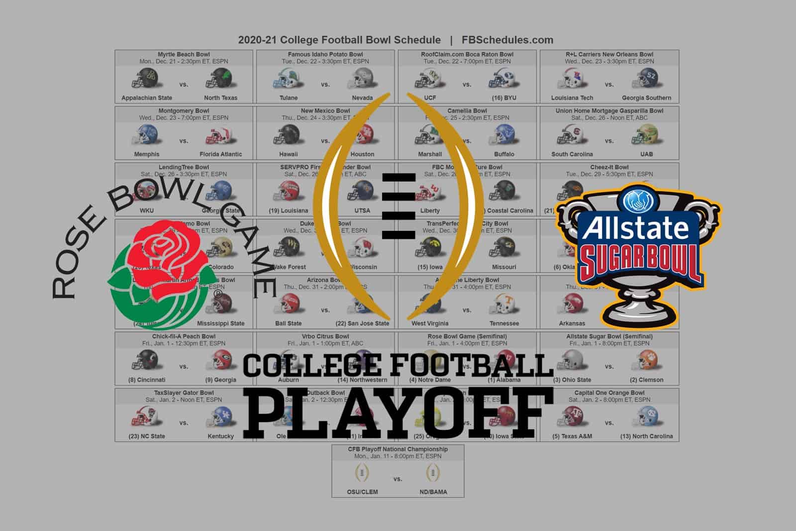 2020-21 College Football Bowl Helmet Schedule
