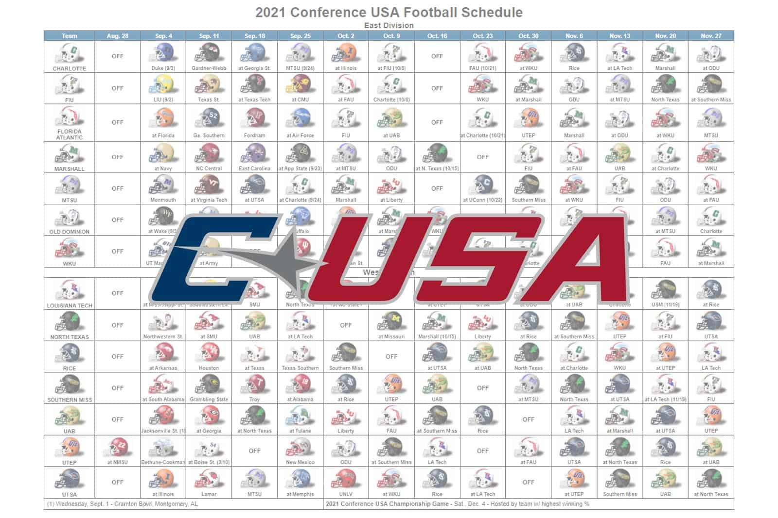 2021 Conference USA Football Helmet Schedule