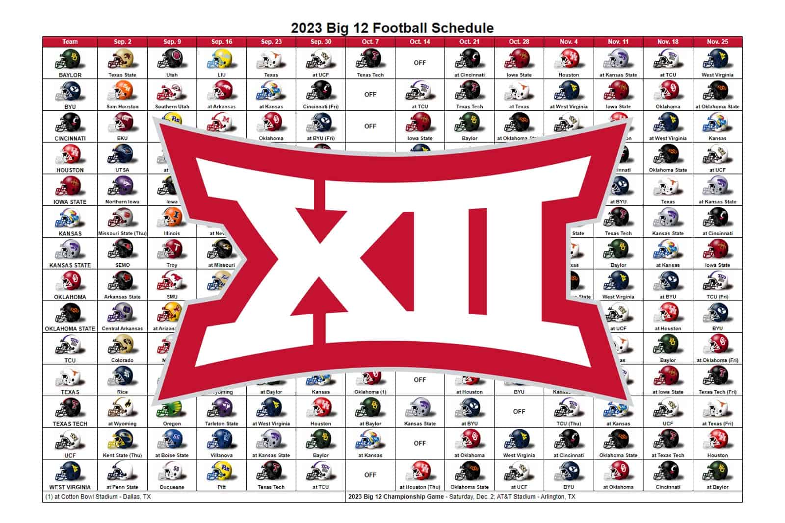 2023 Big 12 Football Helmet Schedule