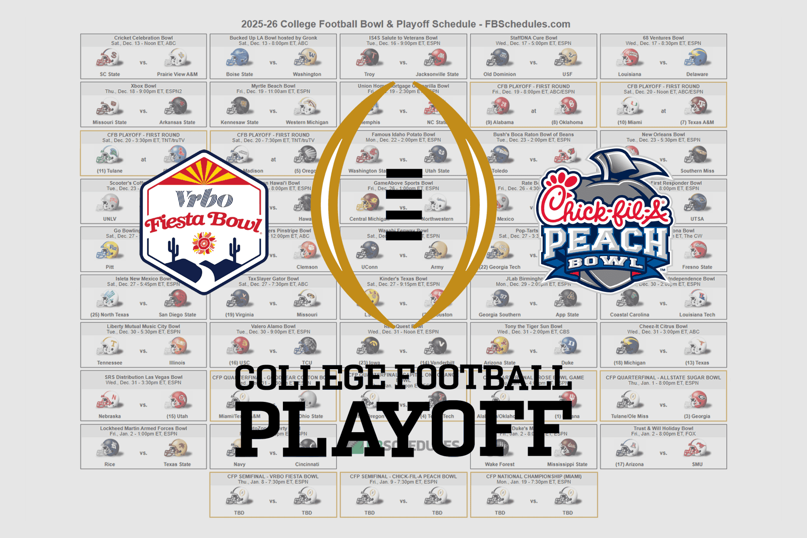 2025-26 College Football Bowl Helmet Schedule